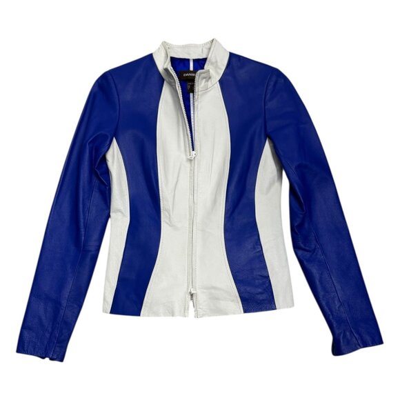DANIER LEATHER Blue Luxury Designer Casual Motorcycle Bomber Jacket Womens 3XS - Picture 5 of 7